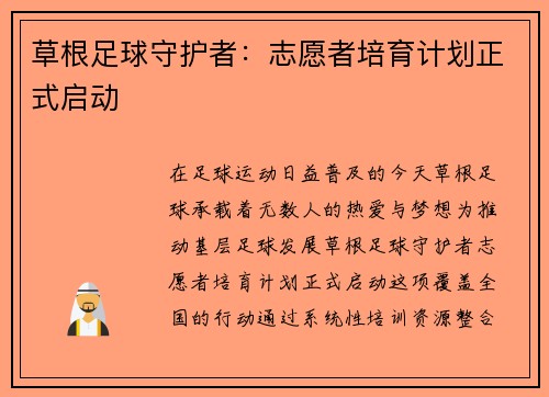 草根足球守护者：志愿者培育计划正式启动