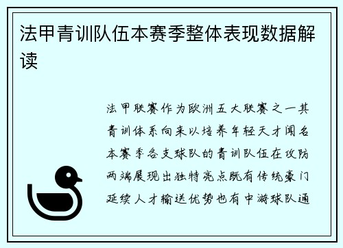 法甲青训队伍本赛季整体表现数据解读